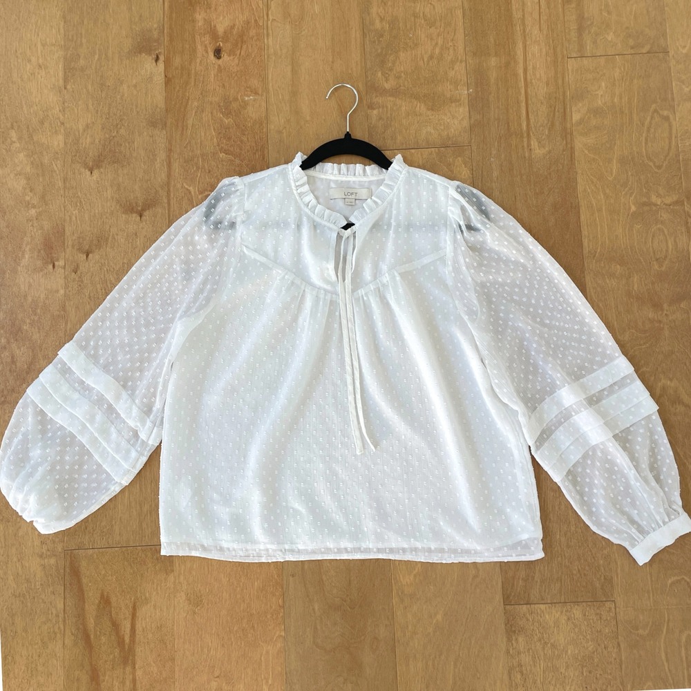 Loft White Swiss Dot Ruffle Tie Neck Blouse Bishop Sleeve Top Medium